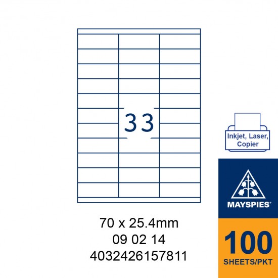 MAYSPIES 09 02 14 LABEL FOR INKJET / LASER / COPIER 100 SHEETS/PKT WHITE 70X25.4MM